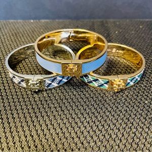 Tory Burch-1” Leather Inlay Hinge Bracelets in Blue/Green Tartan/ or Blue Tartan